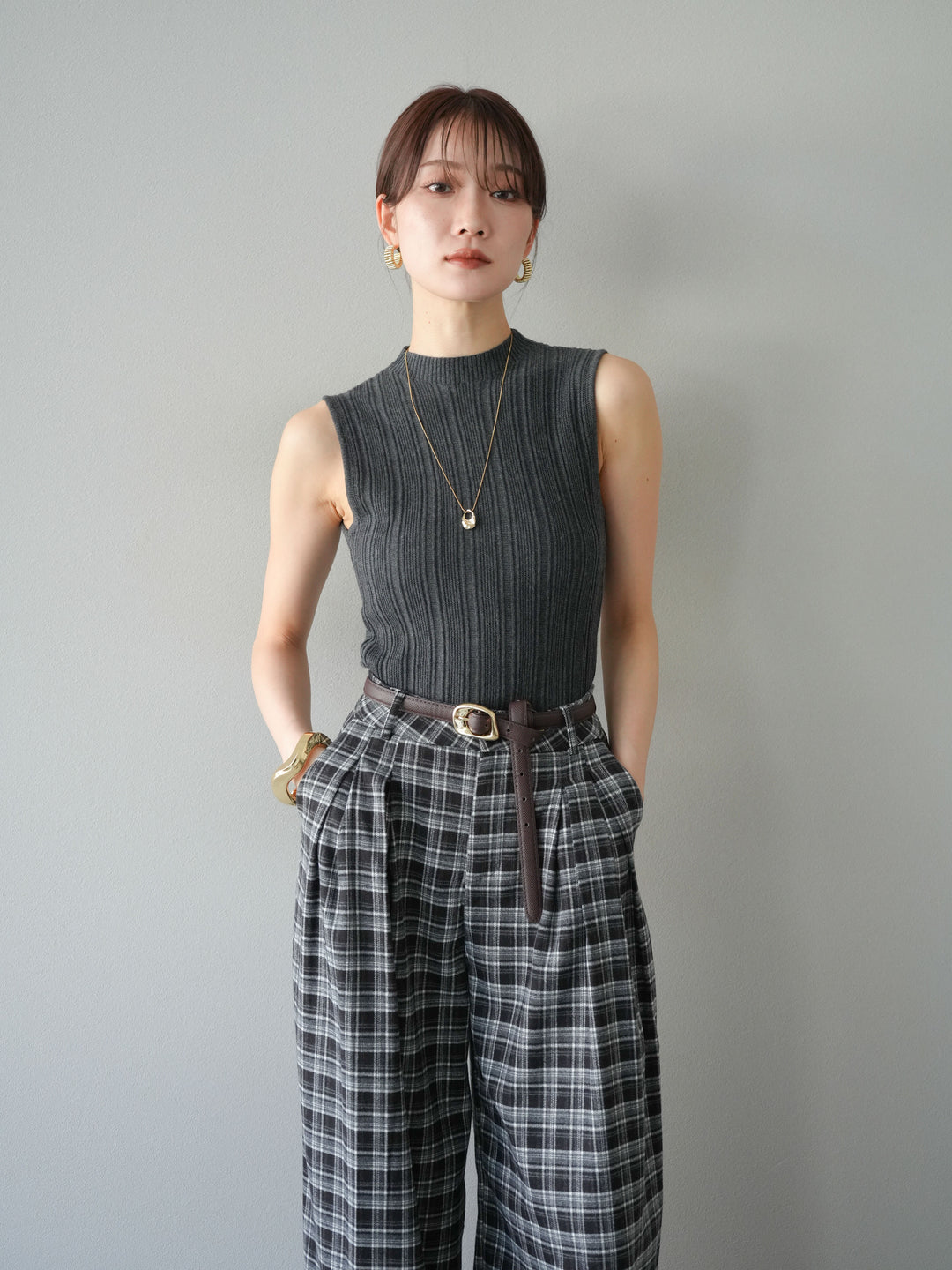 [予約]スリーブレスランダムリブニットトップス/グレー