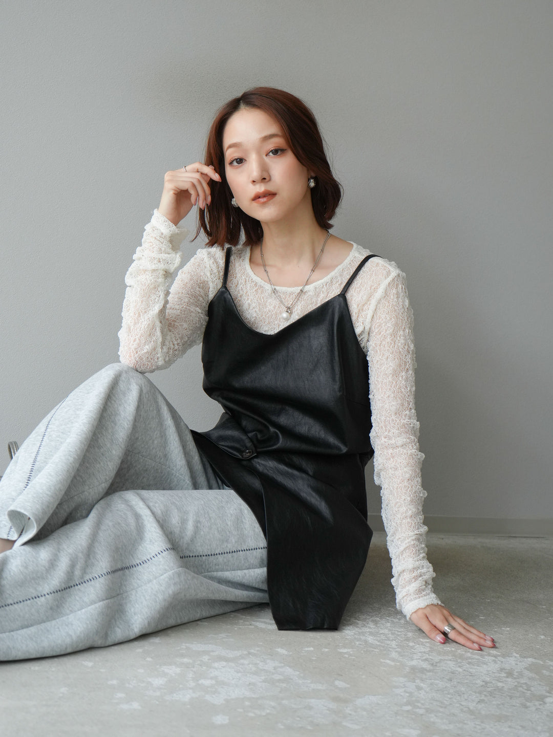 [予約]レイヤードレザーキャミソールチュニック/ブラック