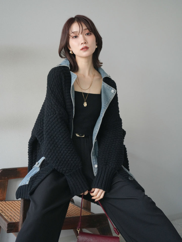 [SET]デニム襟レイヤードニットジャケット+デニム襟レイヤードニットジャケット(2set)