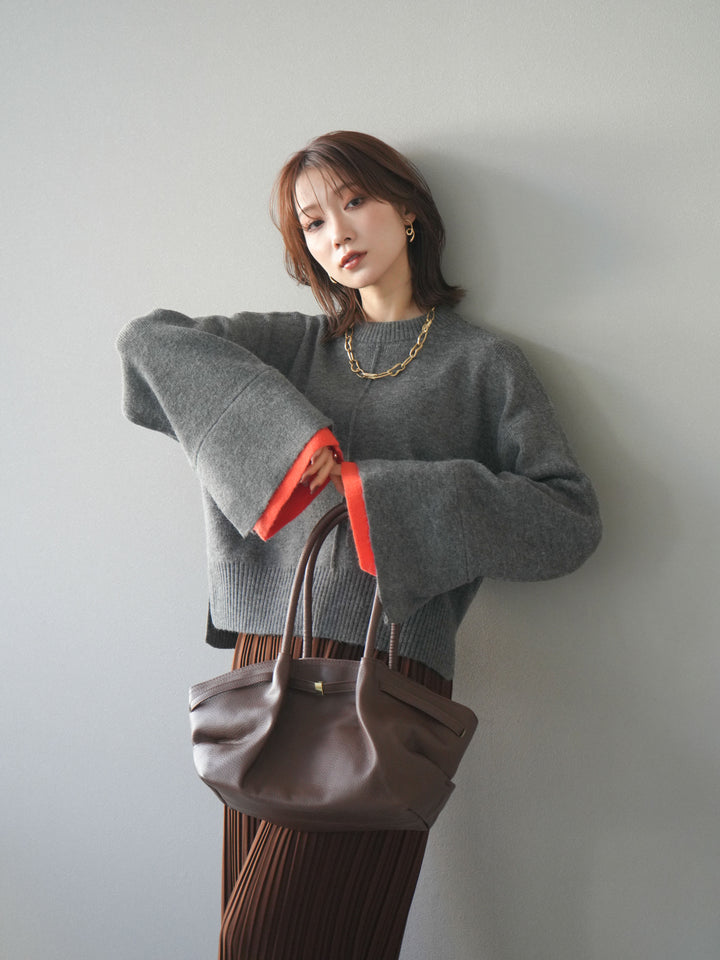 [予約]袖レイヤード配色ニットプルオーバー/charcoal