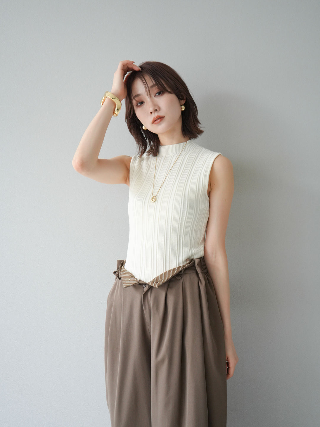 [予約]スリーブレスランダムリブニットトップス/アイボリー