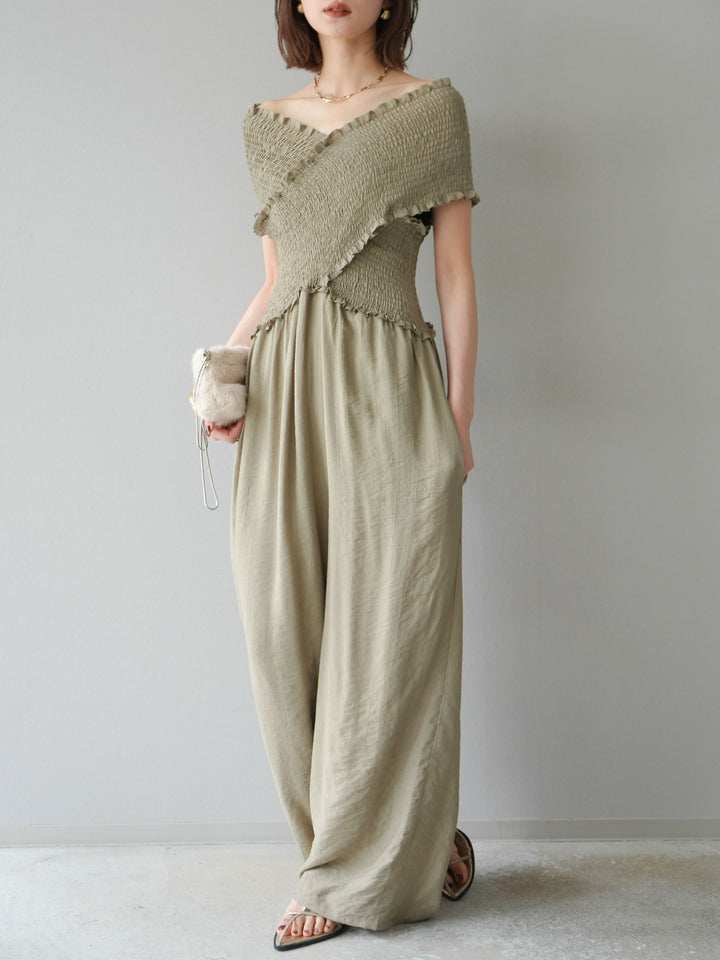 [予約]シャーリングクロスサロペット/グレージュ