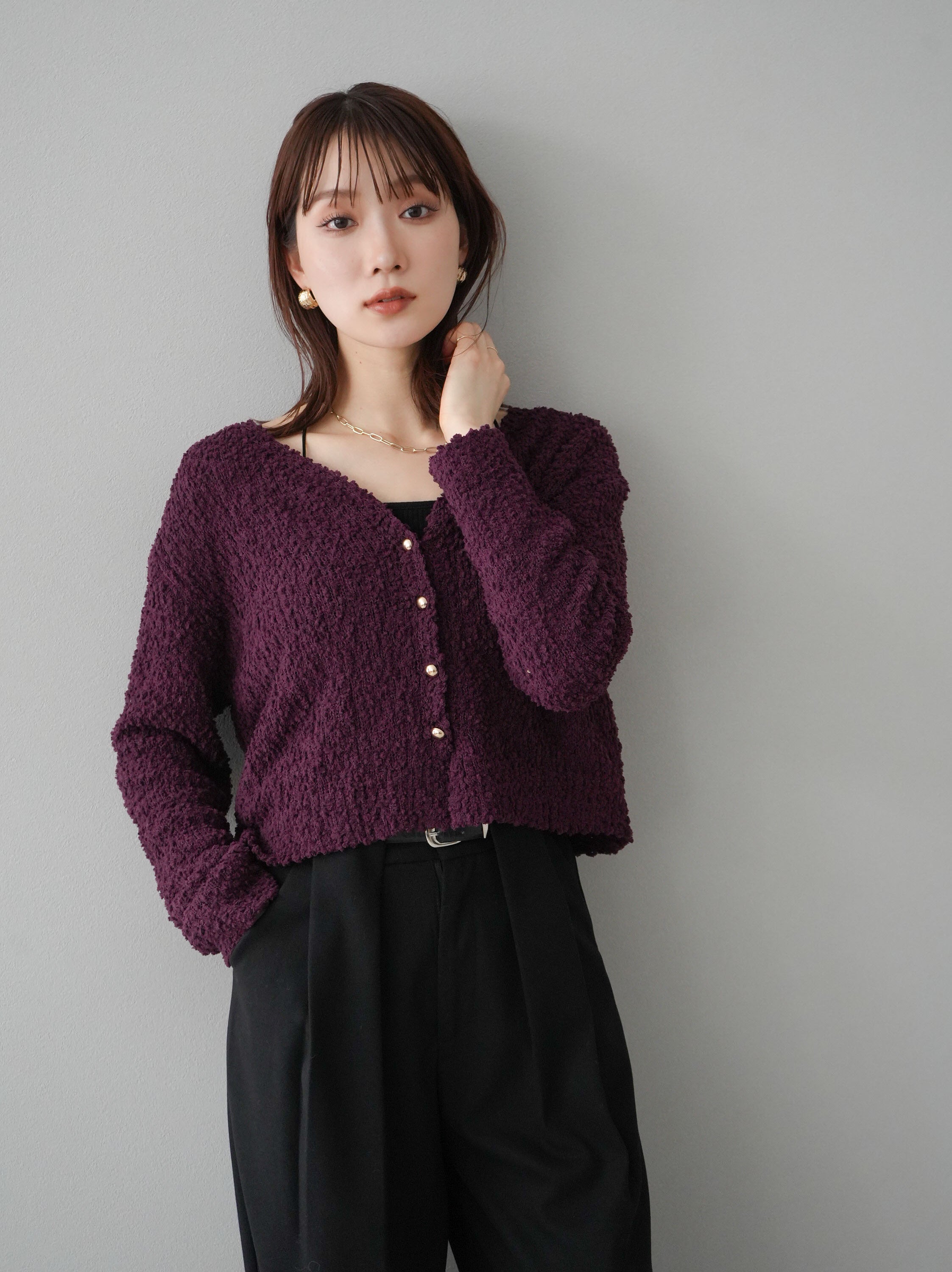 予約]ポコポココンパクトニットカーディガン/ボルドー – Lumier