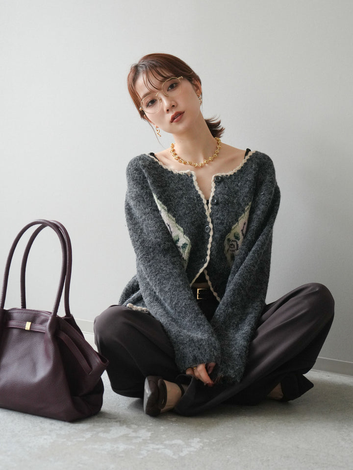 [予約]アンティークフラワージャガードニットカーディガン/charcoal