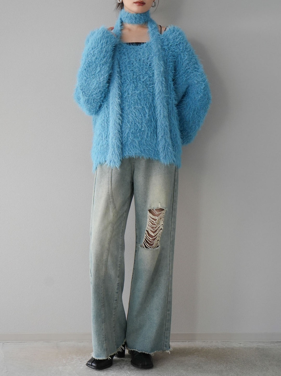 [預訂] 混紡毛絨針織披肩/藍色