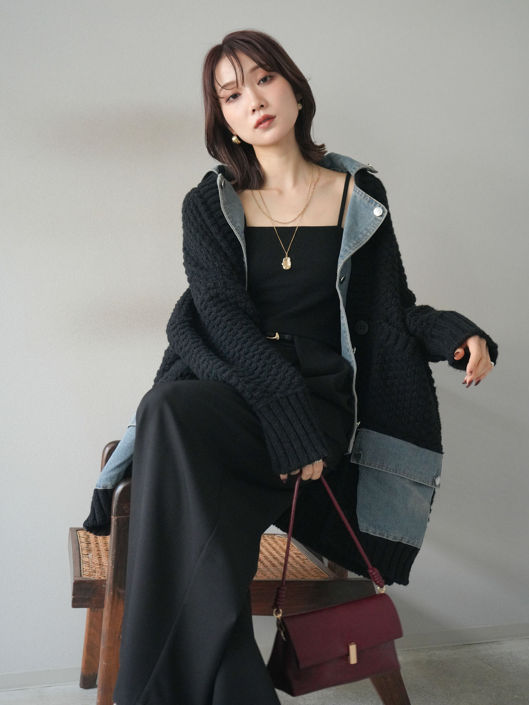 [予約]デニム襟レイヤードニットジャケット/black