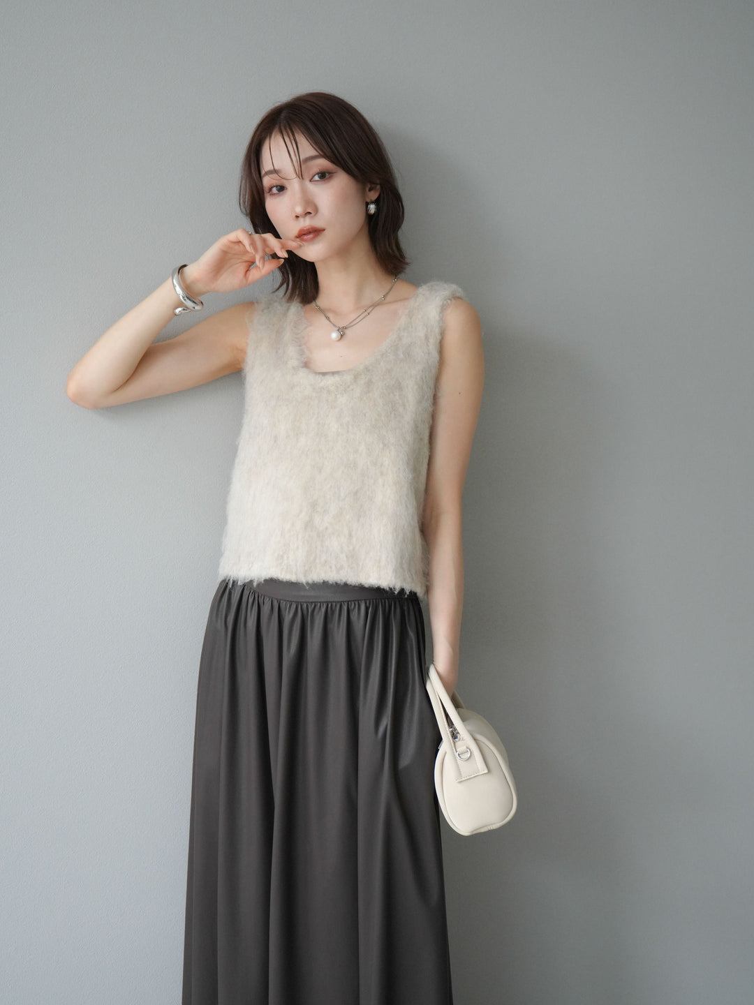 [予約]ミックスシャギーUネックベスト/エクリュ