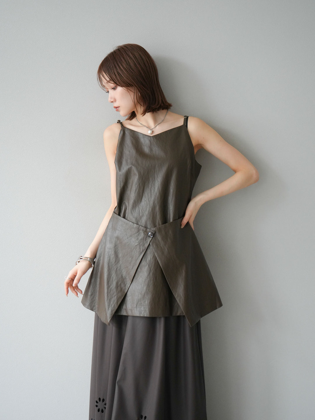 [予約]レイヤードレザーキャミソールチュニック/ブラウン