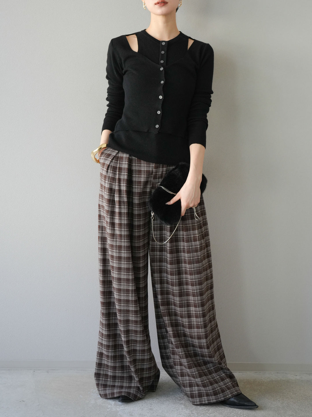 [予約]レイヤードデザインニットカーディガン/ブラック