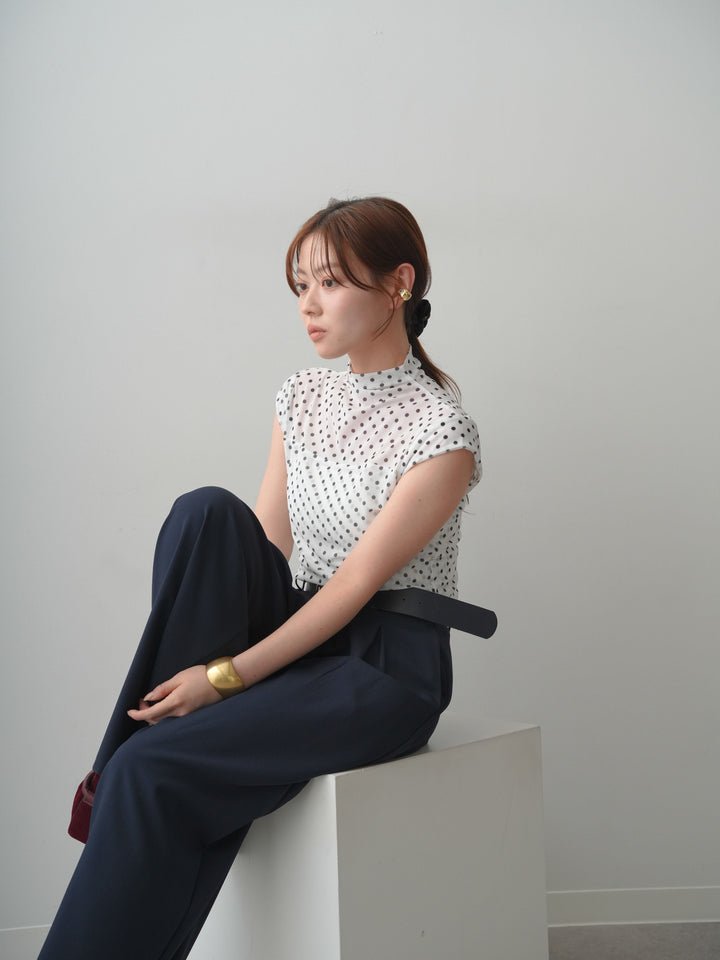 [SET]プチネックドットシアートップス+ダブルバックルベルト付ワイドパンツ(2set)