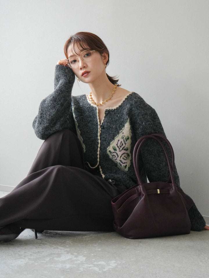 [予約]アンティークフラワージャガードニットカーディガン/charcoal