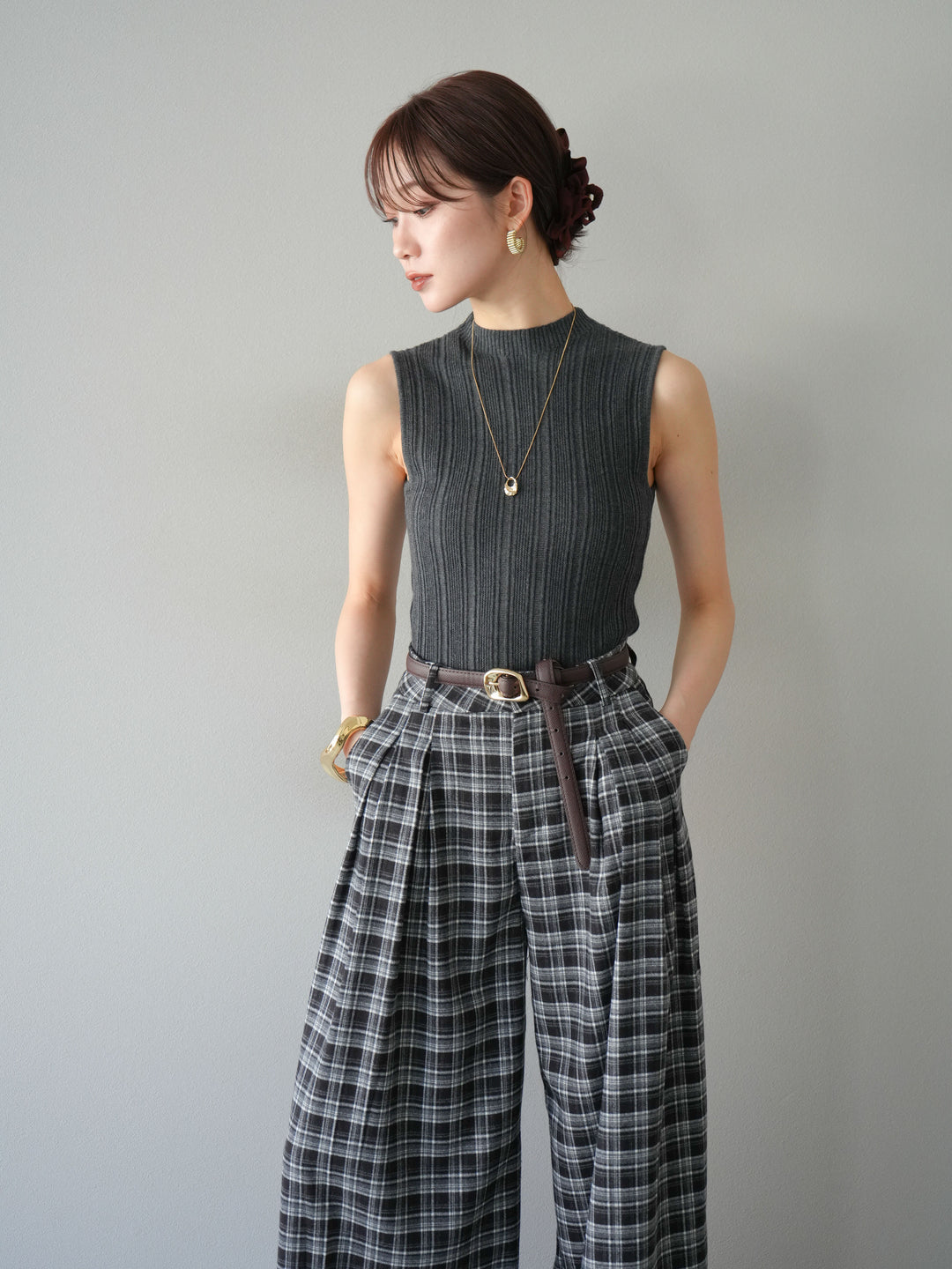 [予約]スリーブレスランダムリブニットトップス/グレー