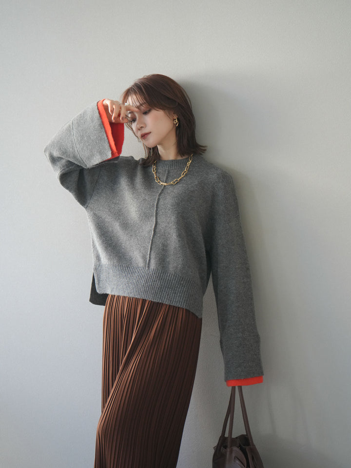[SET]袖レイヤード配色ニットプルオーバー+プリーツIラインスカート(2set)