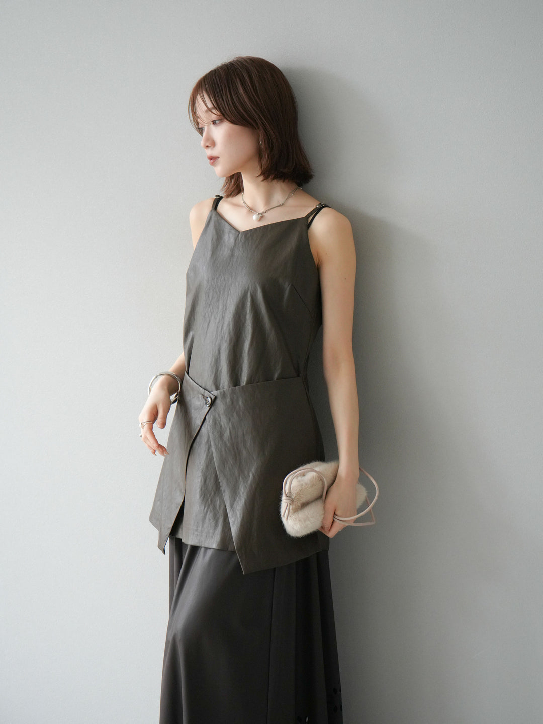 [予約]レイヤードレザーキャミソールチュニック/ブラウン