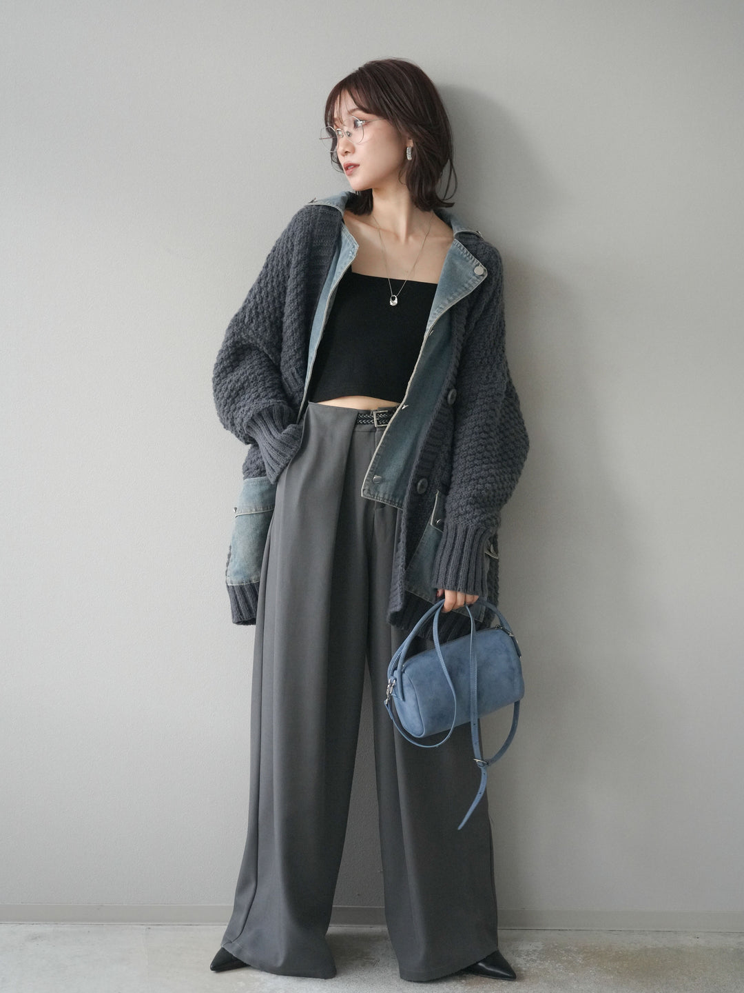 [SET]デニム襟レイヤードニットジャケット+ベルトループデザインワイドパンツ(2set)