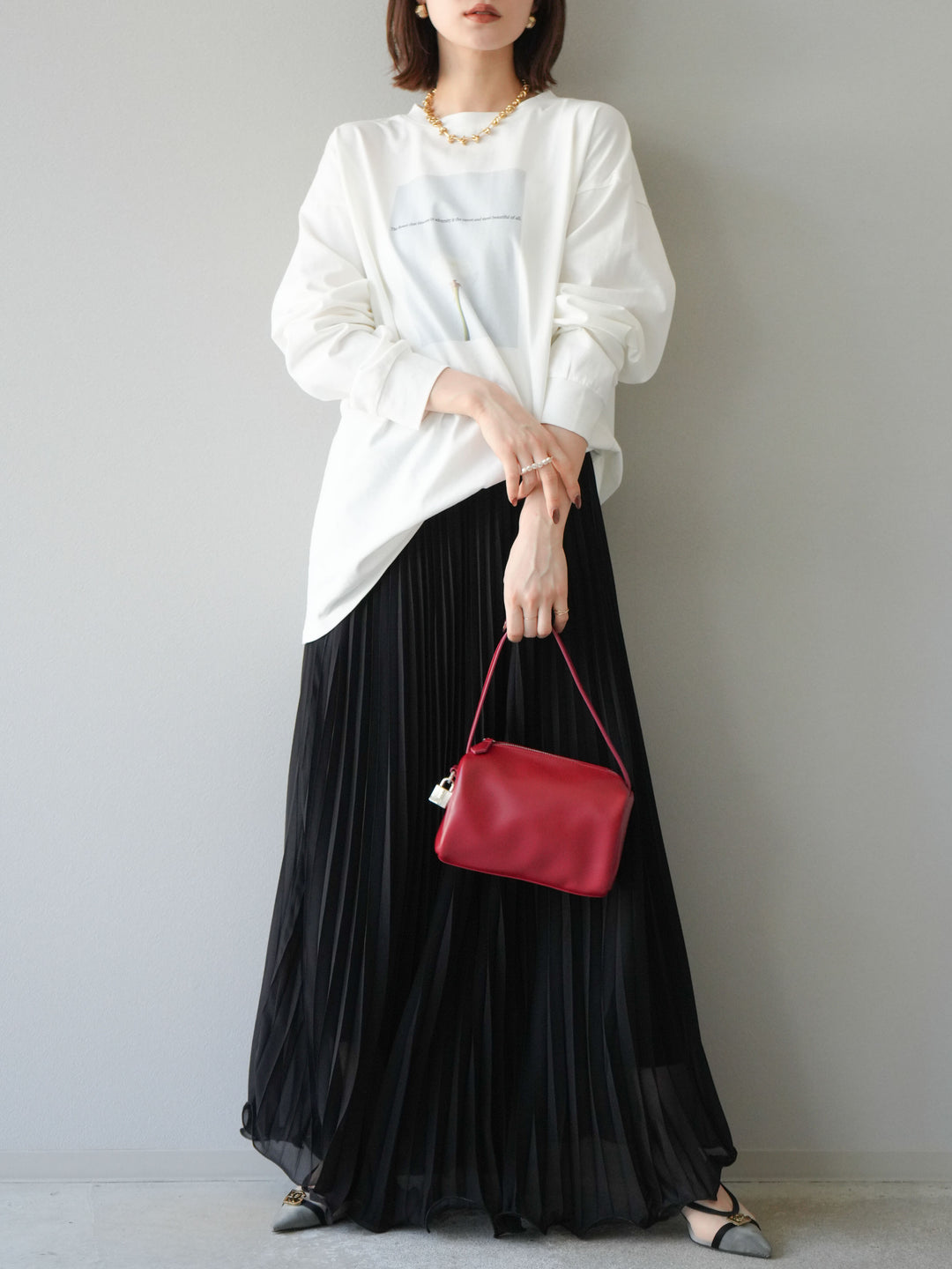 [予約]シフォンプリーツパイピングスカート/ブラック