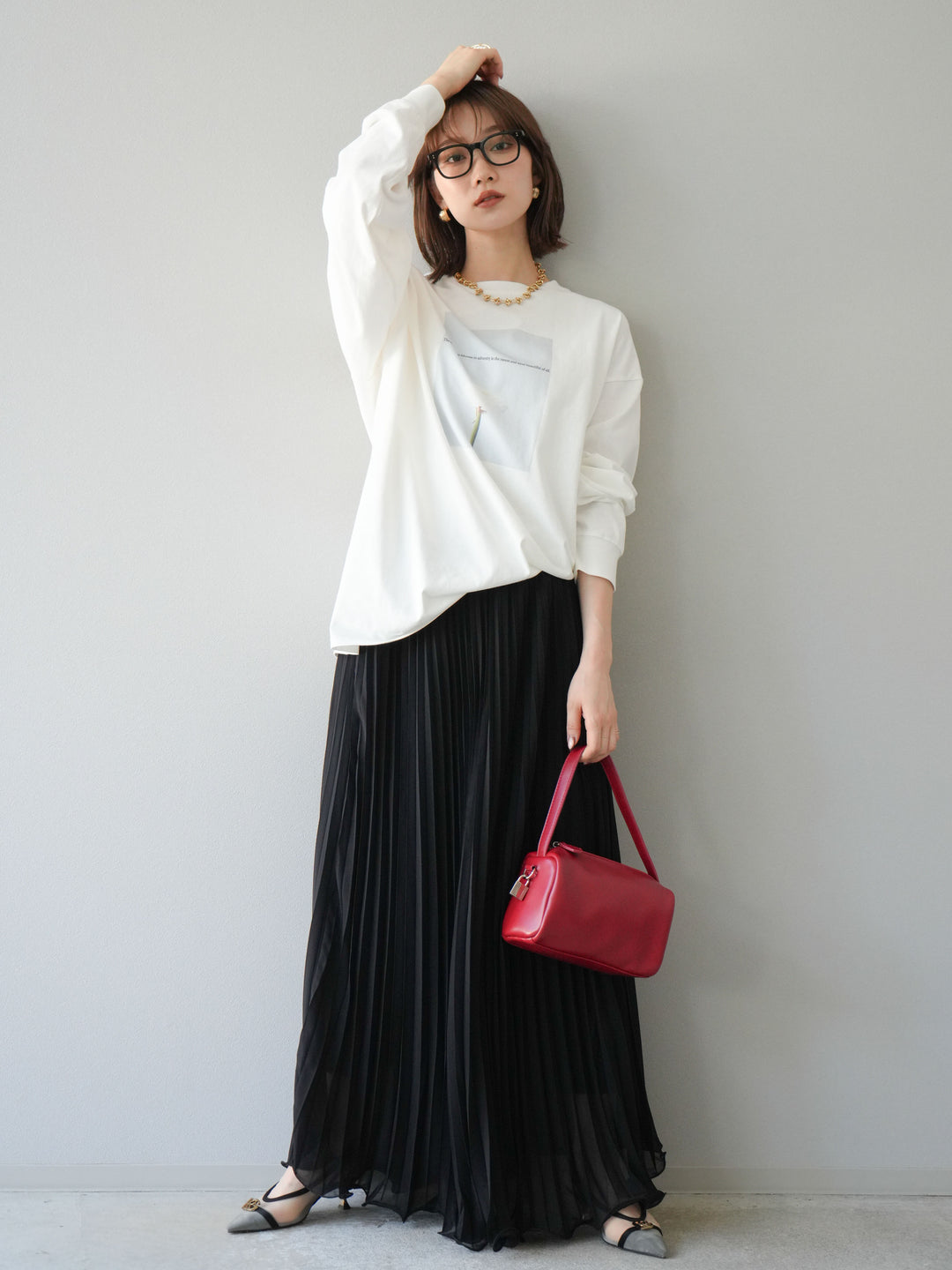 [予約]シフォンプリーツパイピングスカート/ブラック