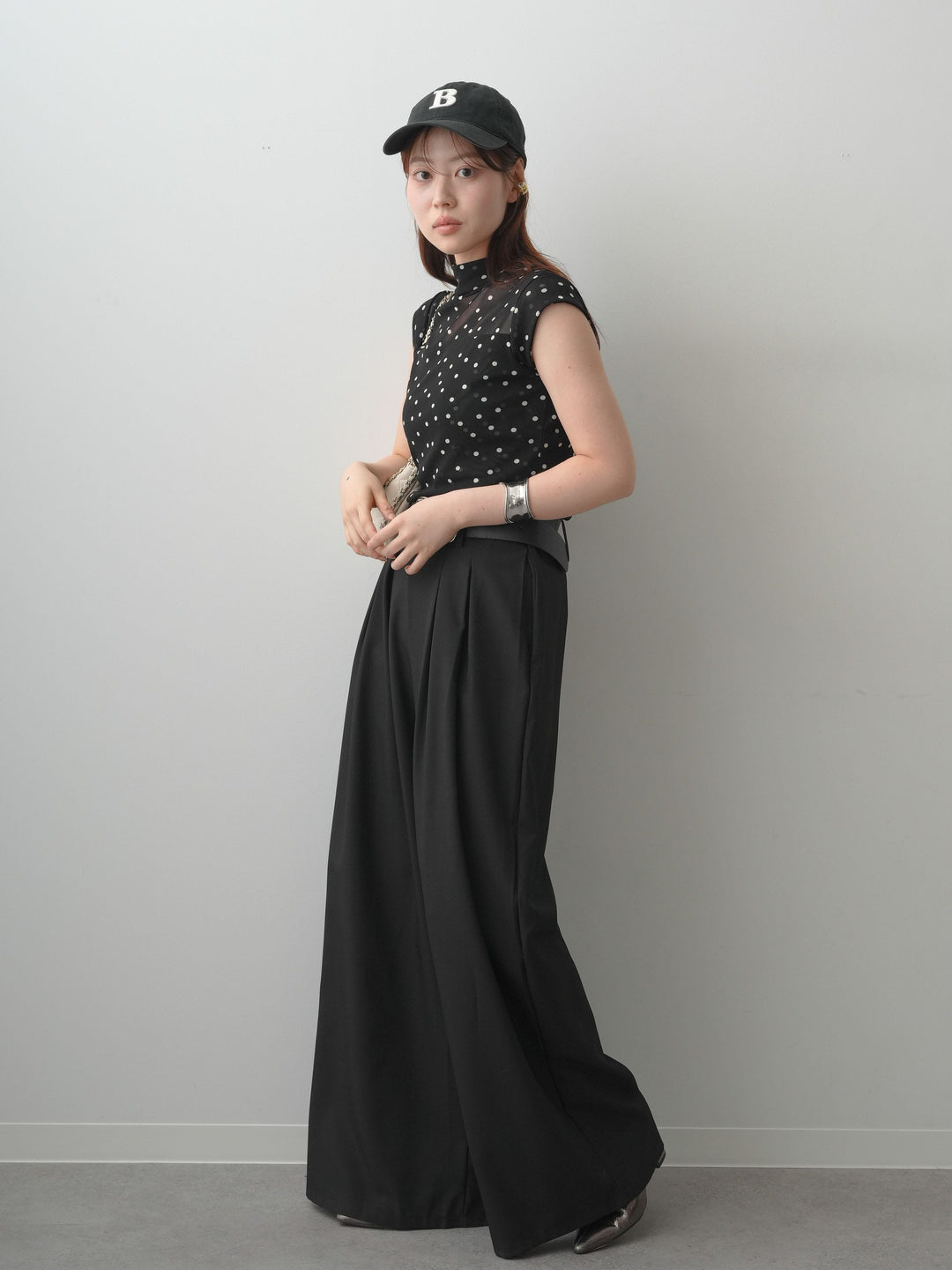 [SET]プチネックドットシアートップス+ダブルバックルベルト付ワイドパンツ(2set)