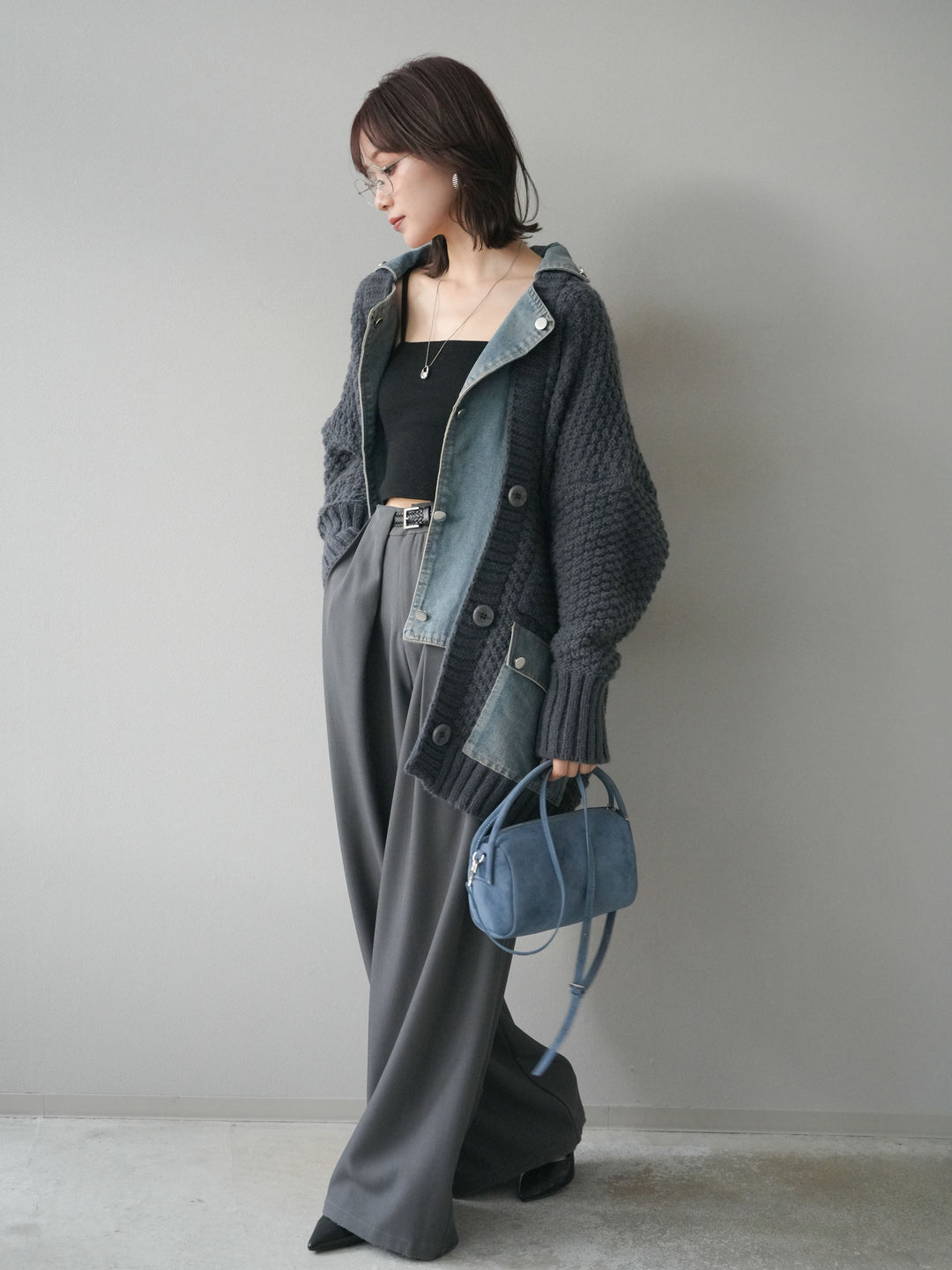 [SET]デニム襟レイヤードニットジャケット+ベルトループデザインワイドパンツ(2set)