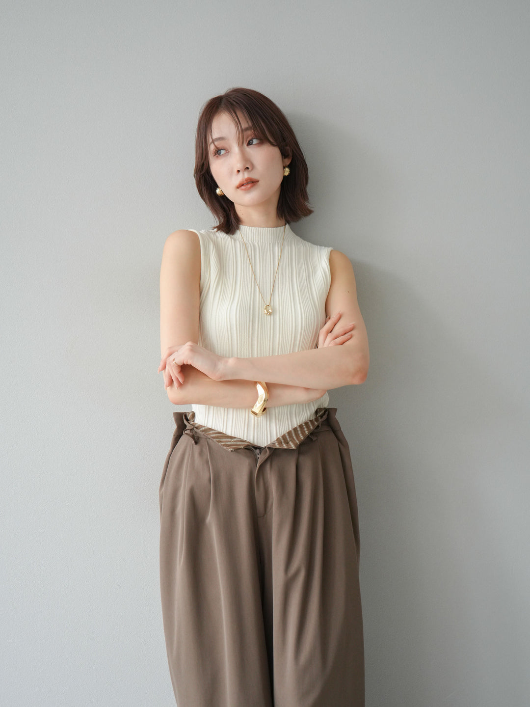 [予約]スリーブレスランダムリブニットトップス/アイボリー