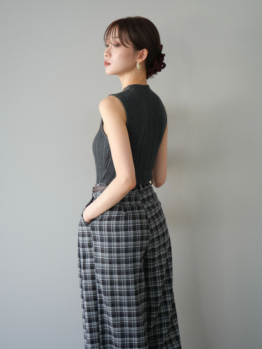 [予約]スリーブレスランダムリブニットトップス/グレー