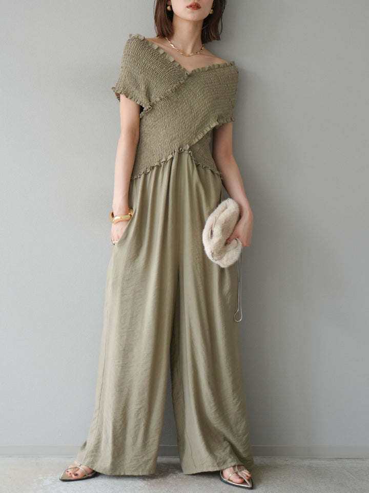 [予約]シャーリングクロスサロペット/グレージュ