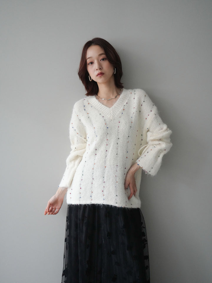 [SET]キャンディースリーブカラーネップスパンコールニットプルオーバー+フラワーフロッキーチュールプリーツスカート(2set)