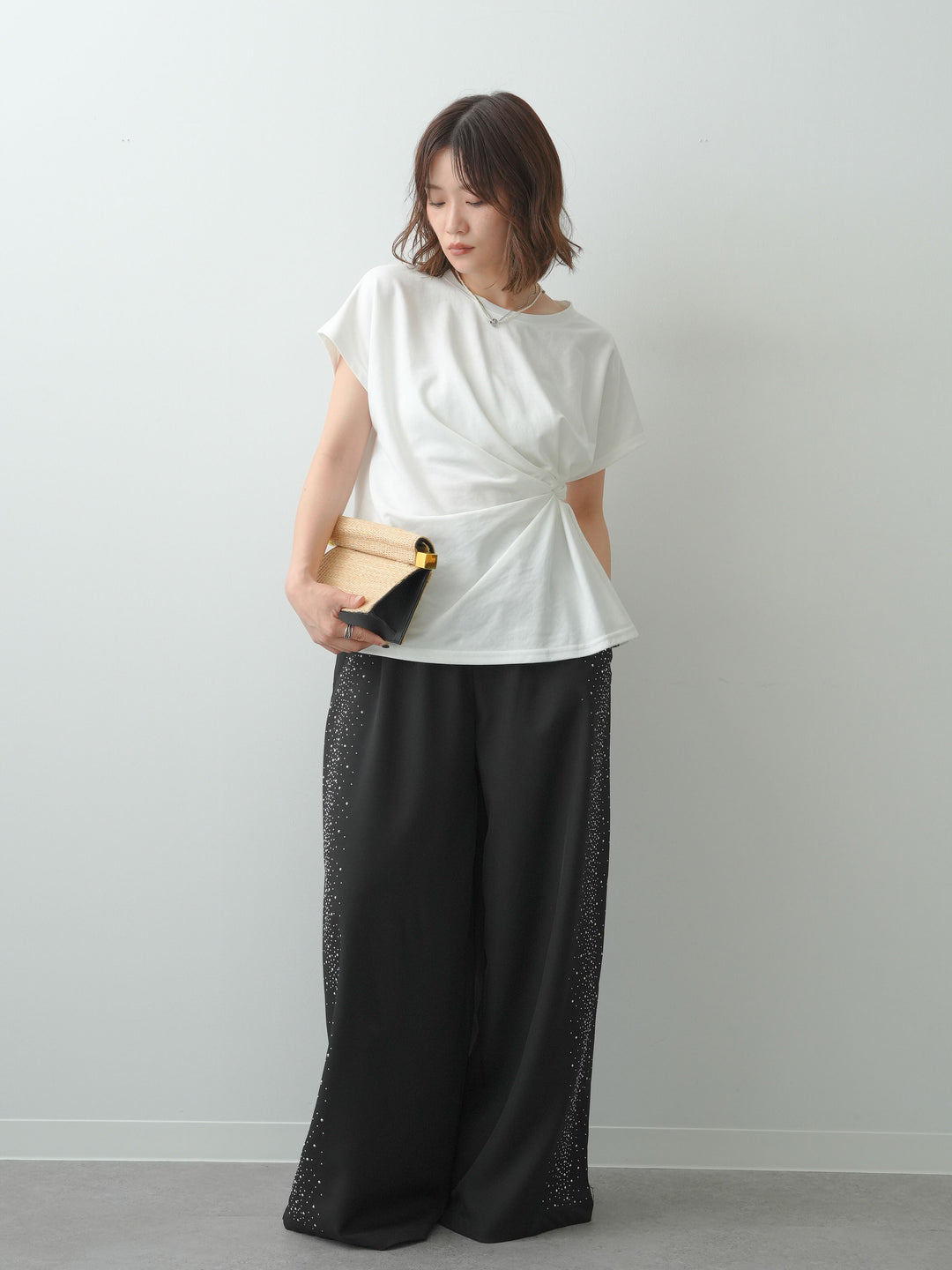 [SET]サイドノットTEE+ポーチベルト付サイドビジュータックワイドパンツ(2set)