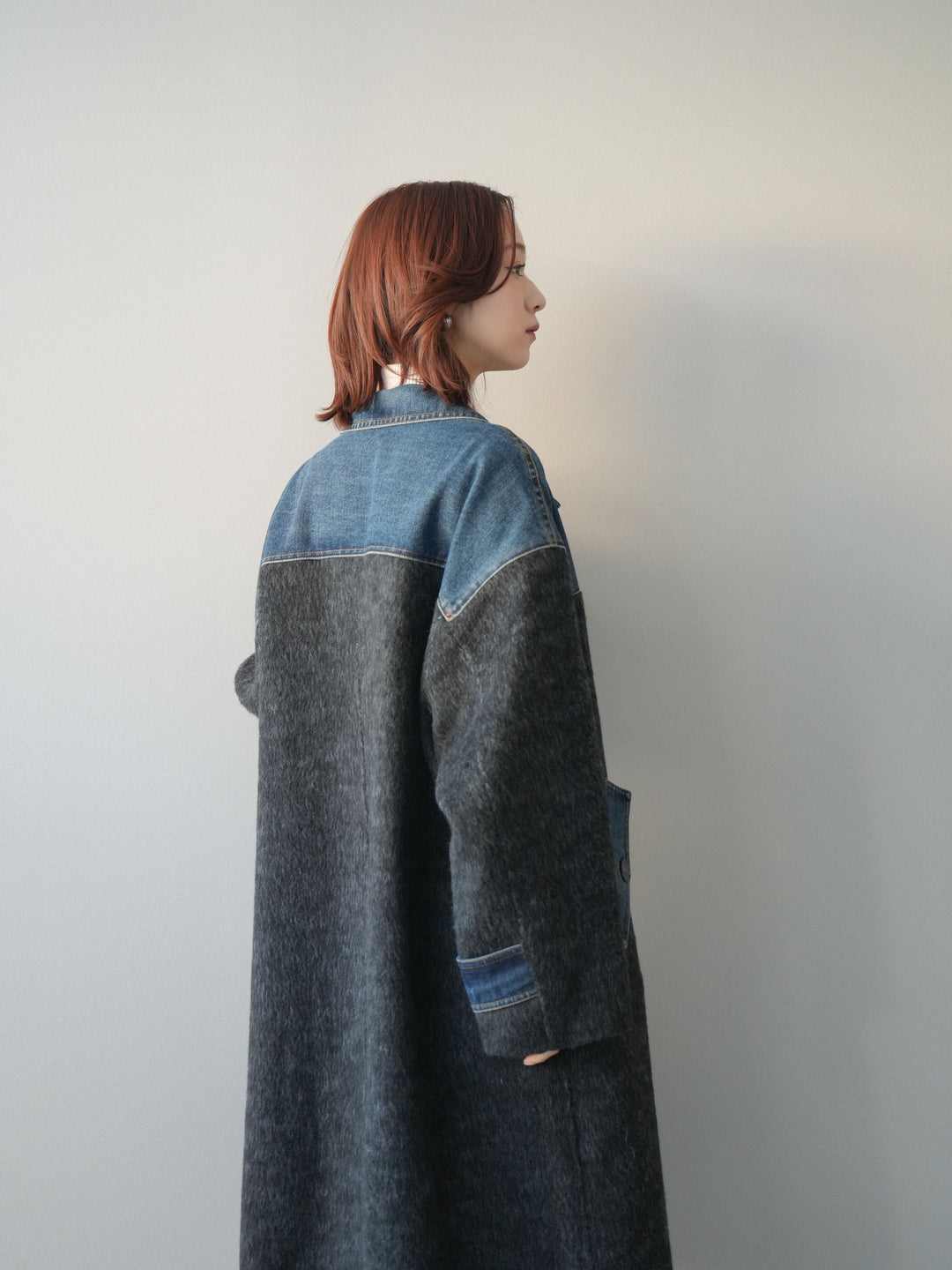 [SET]デニム切替シャギーステンカラーコート+ウールタッチベルト付ミニスカート(2set)