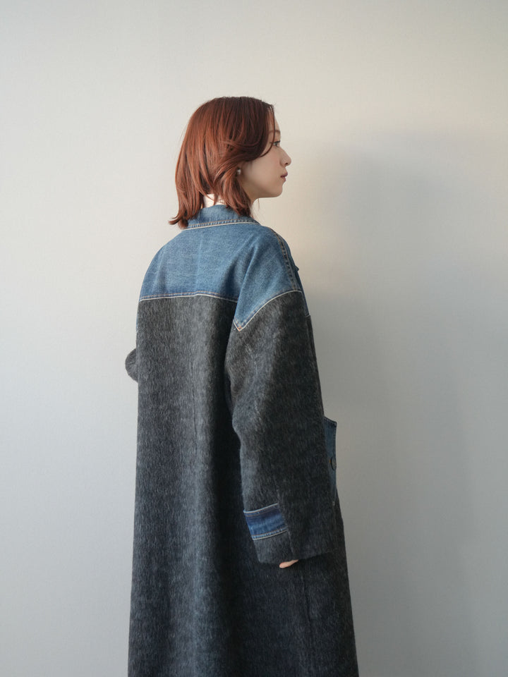 [SET]デニム切替シャギーステンカラーコート+ウールタッチベルト付ミニスカート(2set)