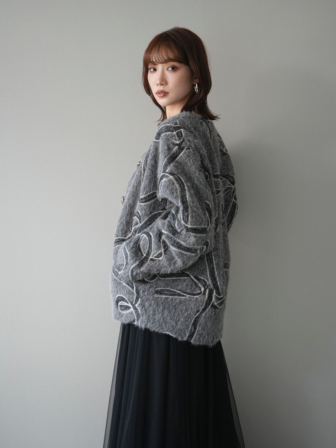 [予約]ニュアンス刺繍ブークレニットジャケット/gray
