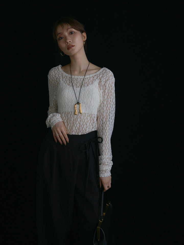 【Allure】[SET]バックラウンドレーストップス+ラップデザインタックワイドパンツ(2set)