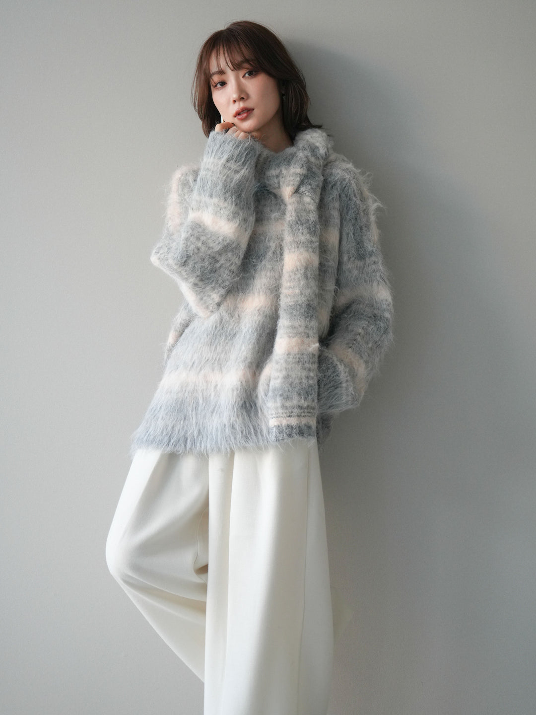 [予約]ストール付シャギーマルチボーダーニットプルオーバー/gray