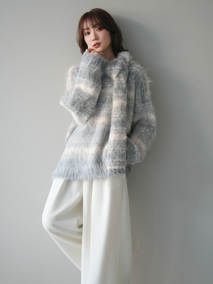 [予約]ストール付シャギーマルチボーダーニットプルオーバー/gray