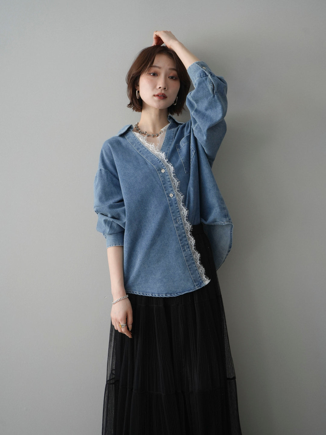 [SET]レースレイヤードデニム開襟シャツ+選べるアクセセット(2set)