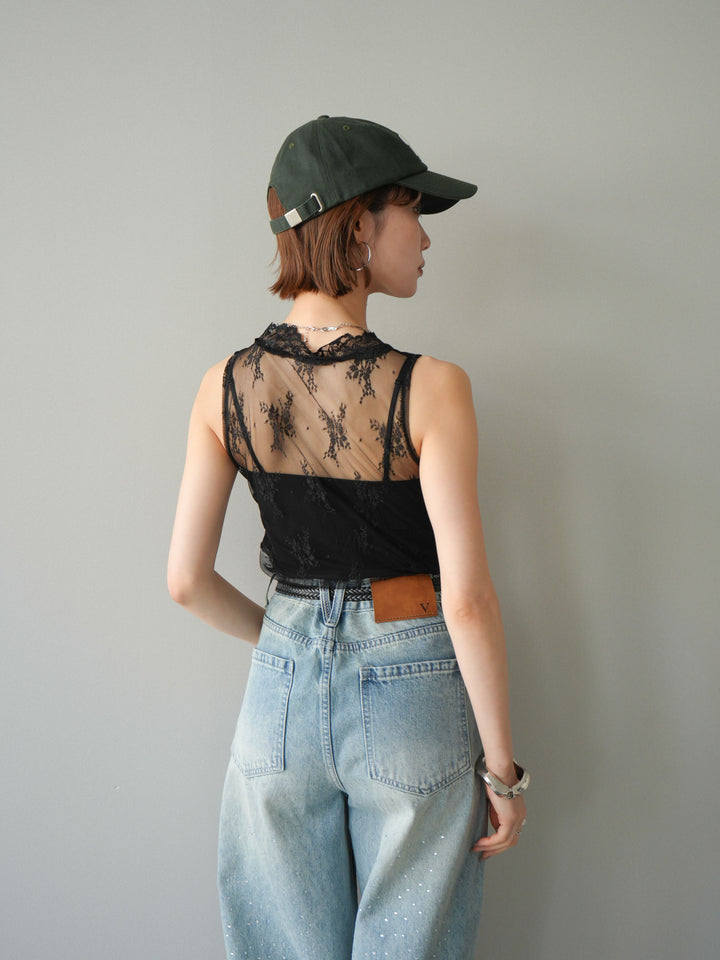 [予約]シアーストレッチレースノースリーブトップス/black