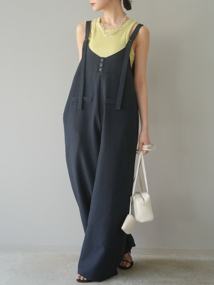 [予約]リネンタッチボタンサロペット/チャコール