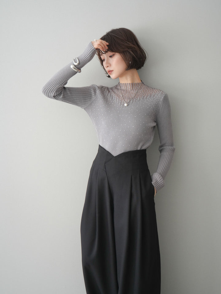 [SET]シアー切替スパンコールリブニットトップス+選べるアクセセット(2set)