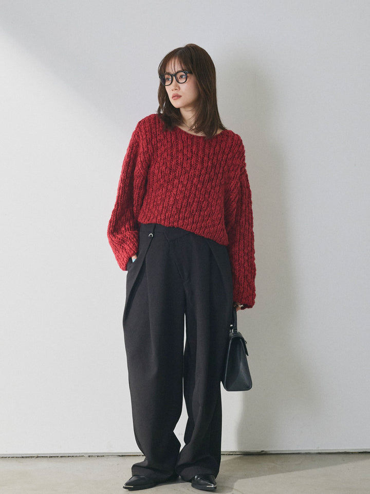 【Allure】[SET]クロップドチャンキースラブニットプルオーバー+アシンメトリーウエストタックパンツ(2set)