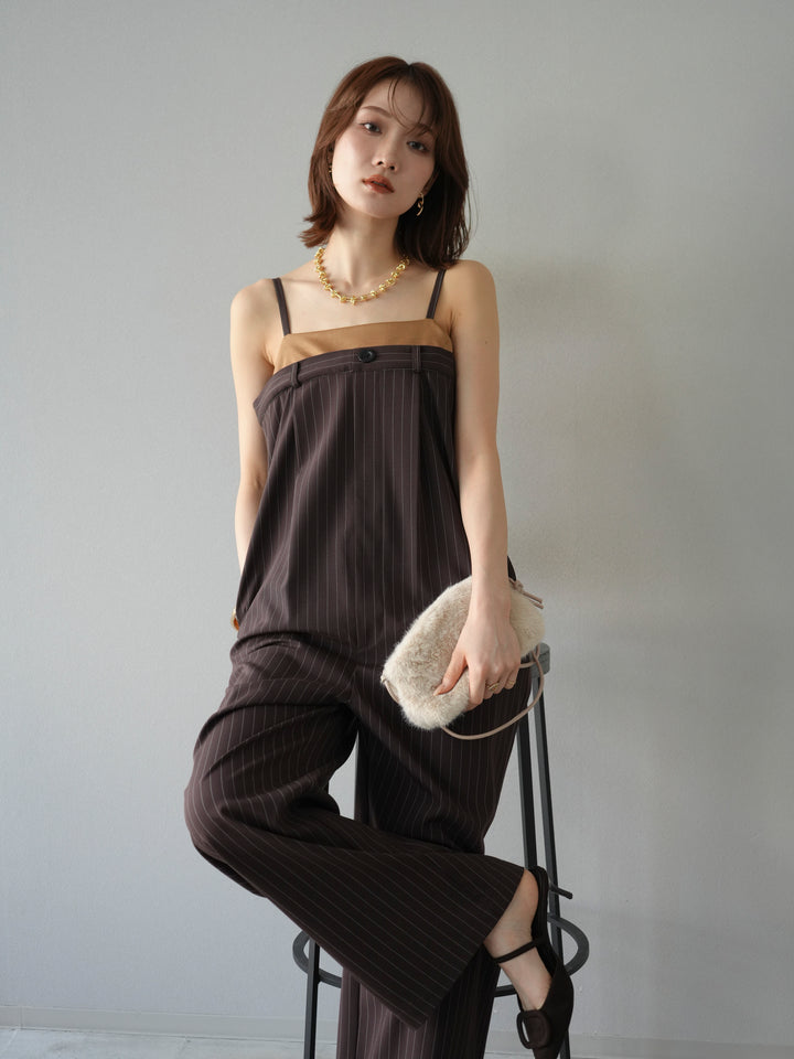[予約]サテン切替ピンストライプサロペット/ブラウン