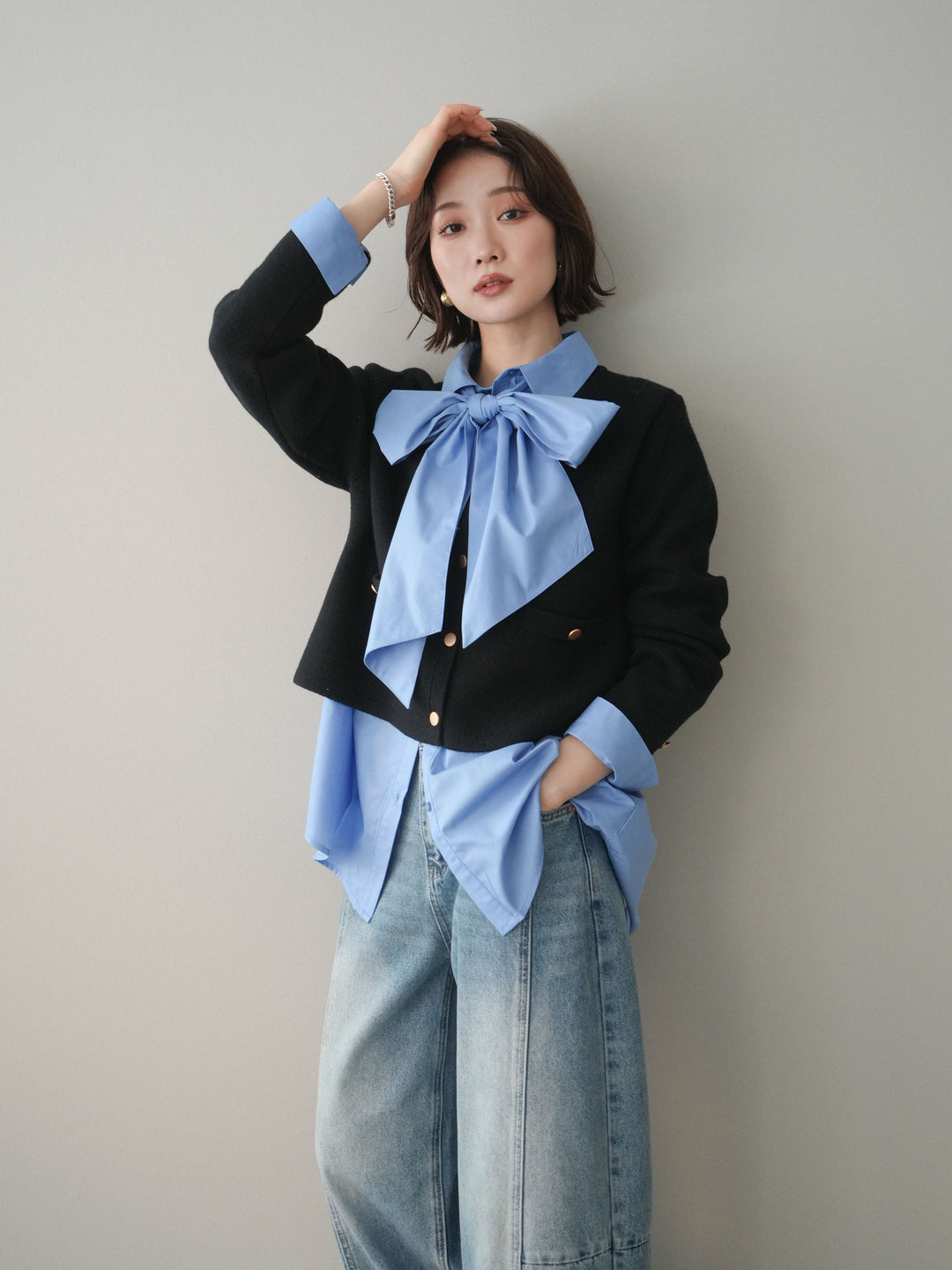 [予約]ゴールドボタンノーカラーニットジャケット/black