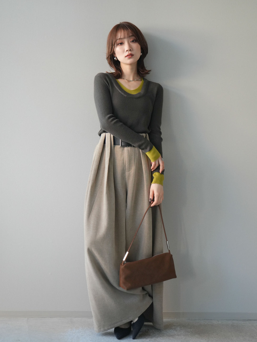 [予約]ベルトデザインループコールテンワイドパンツ(ベルト付き)/beige