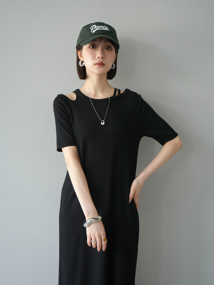 [予約]デザインネックカットリブワンピース/ブラック