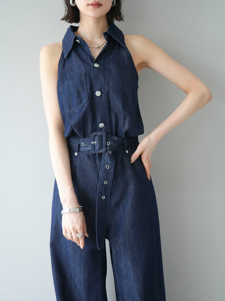 【預購】翻領牛仔連身衣/深藍色