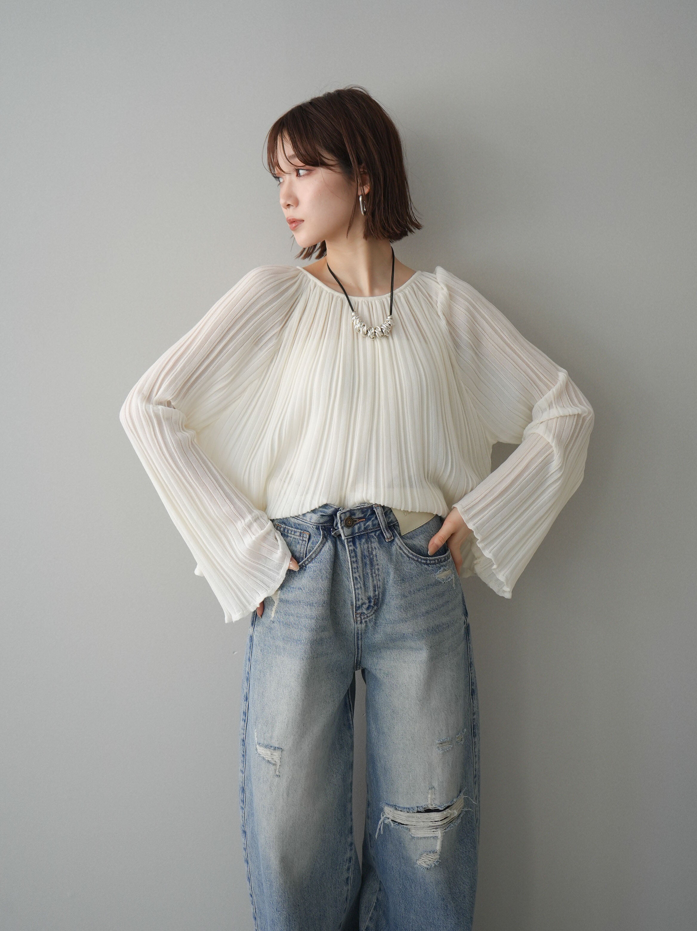 予約]プリーツシアーフレアスリーブニットトップス/ivory – Lumier