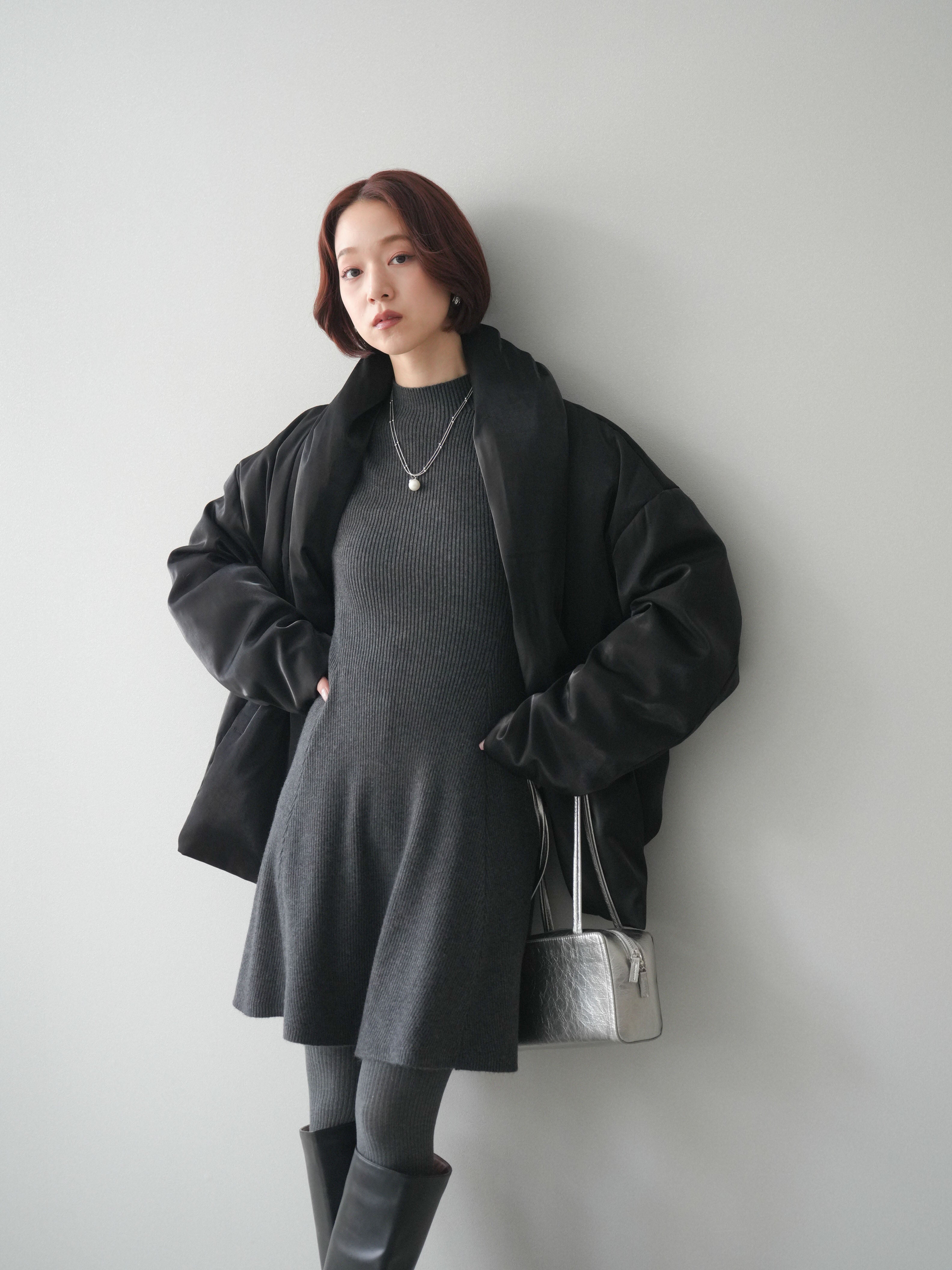 SET]フレアリブニットミニワンピース+シャイニーアシンメトリーダウン