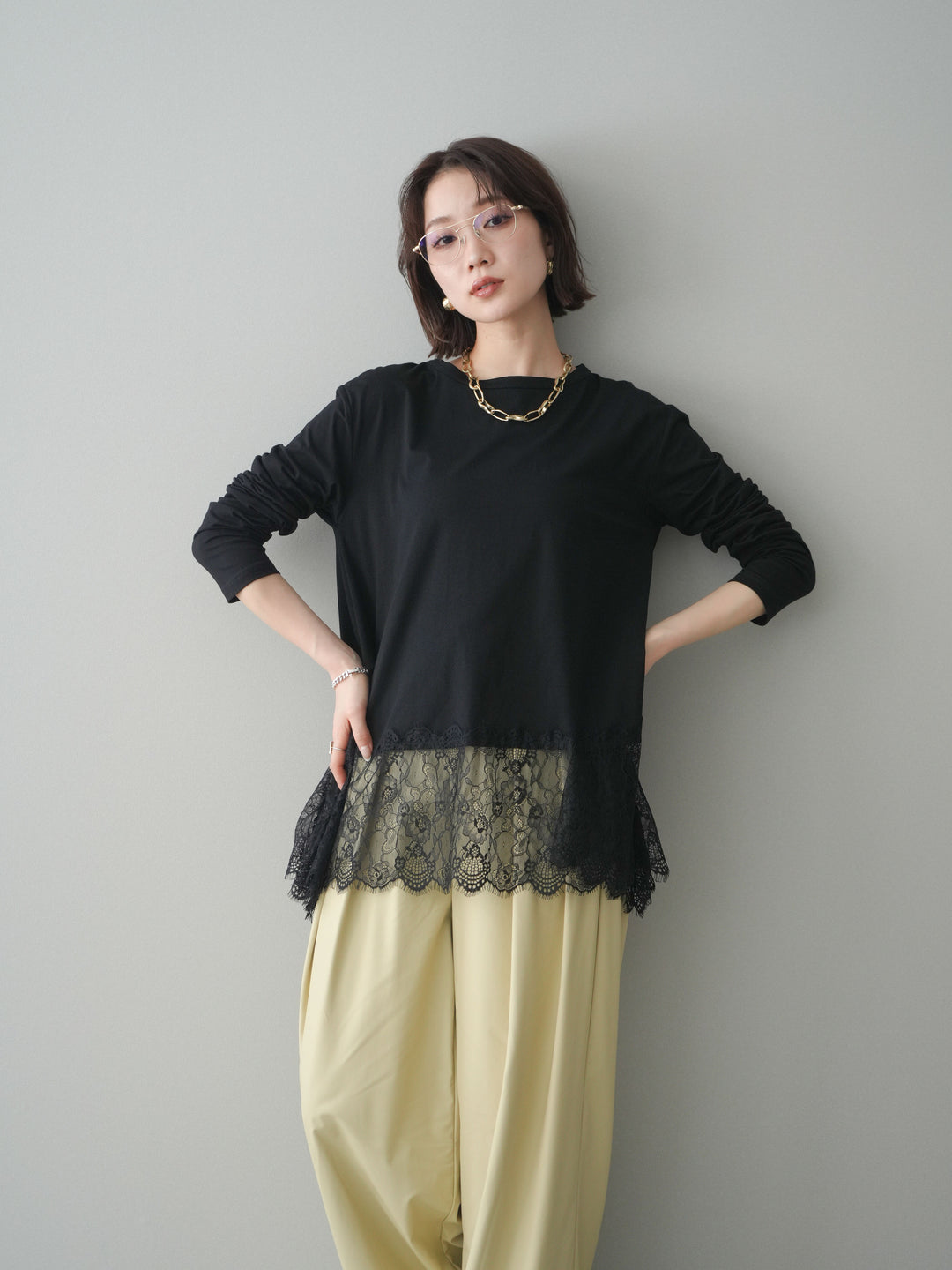[SET]裾レースロングスリーブTシャツ+選べるアクセセット(2set)