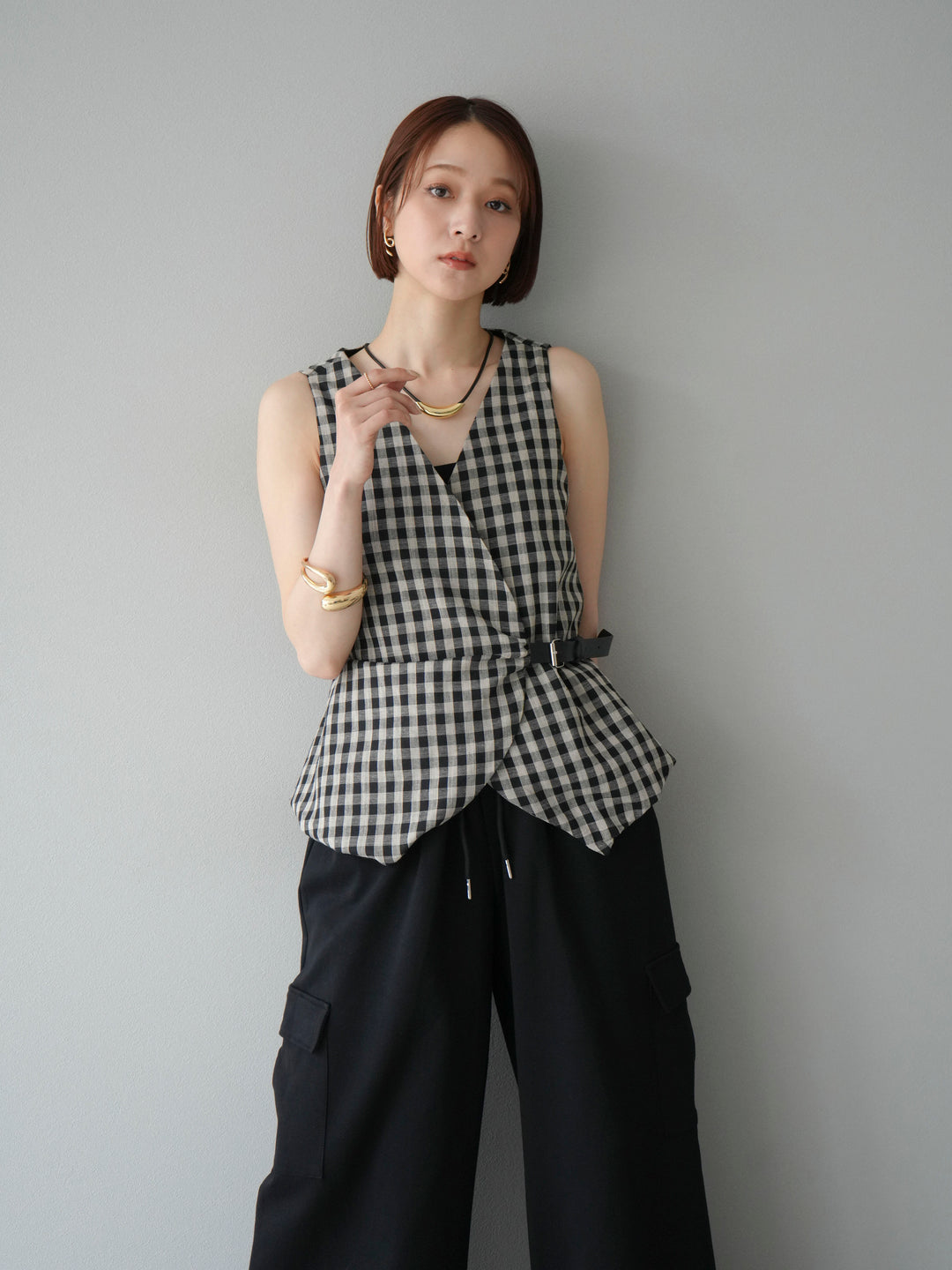 [SET]ベルトデザインバルーンブラウス+ウエストラインサイドポケットスウェットパンツ(2set)