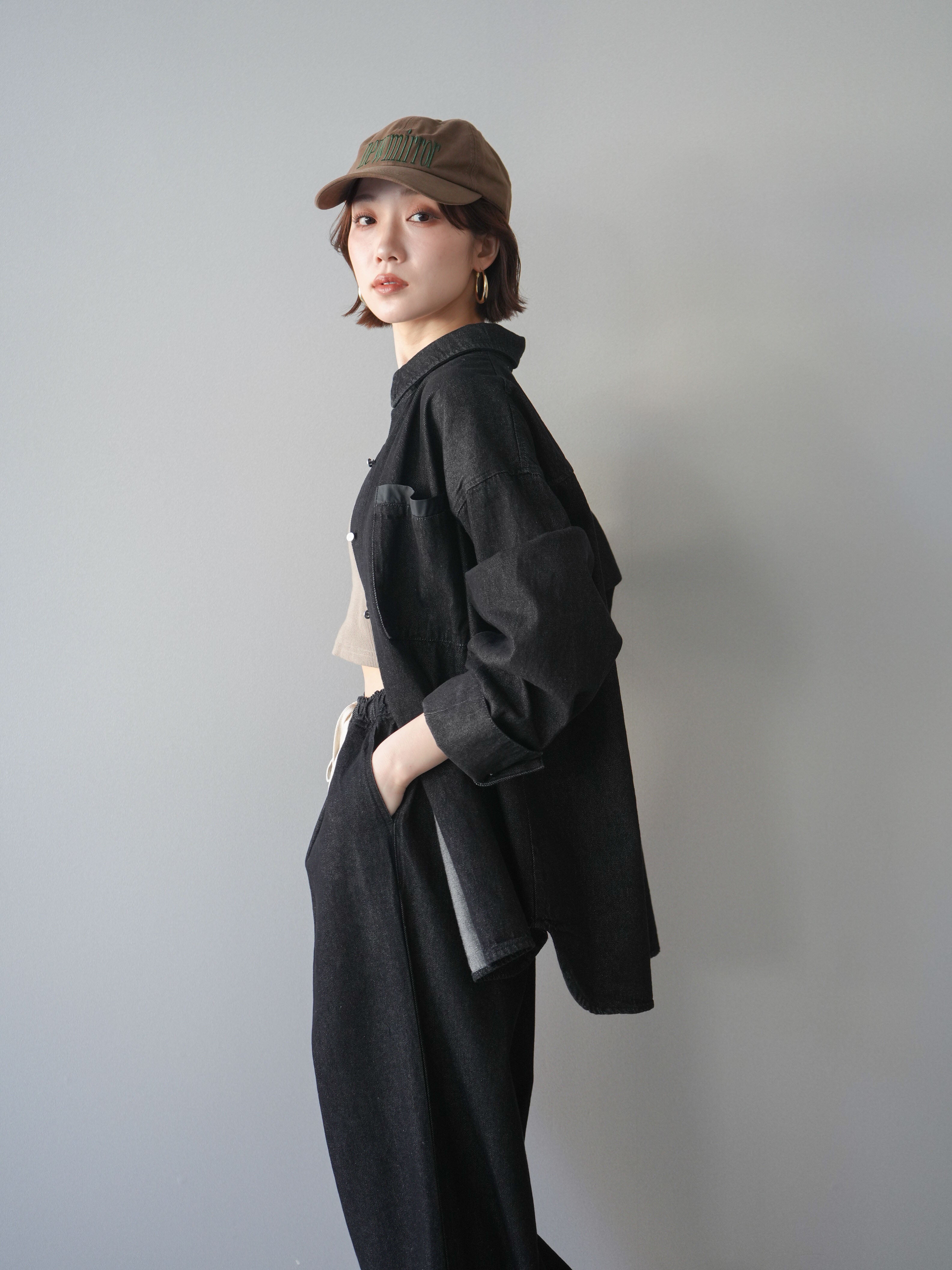 SET]ポイントレザーオーバーデニムシャツ+ドロストワイドデニムパンツ