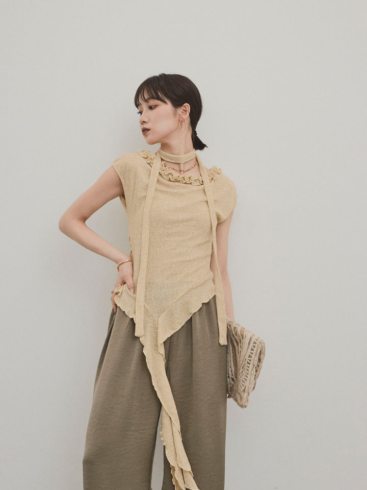 [SET]ラッフルシアーニットタンクトップ+サテンイージーパンツ(2set)